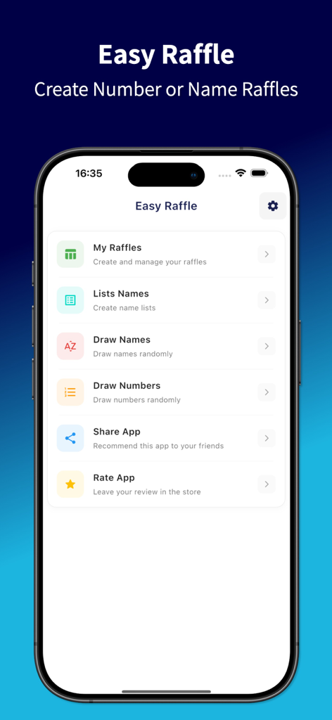 Easy Raffle: Names and Numbers - Easy Raffle app home screen showing options for My Raffles Lists Names and Drawing winners