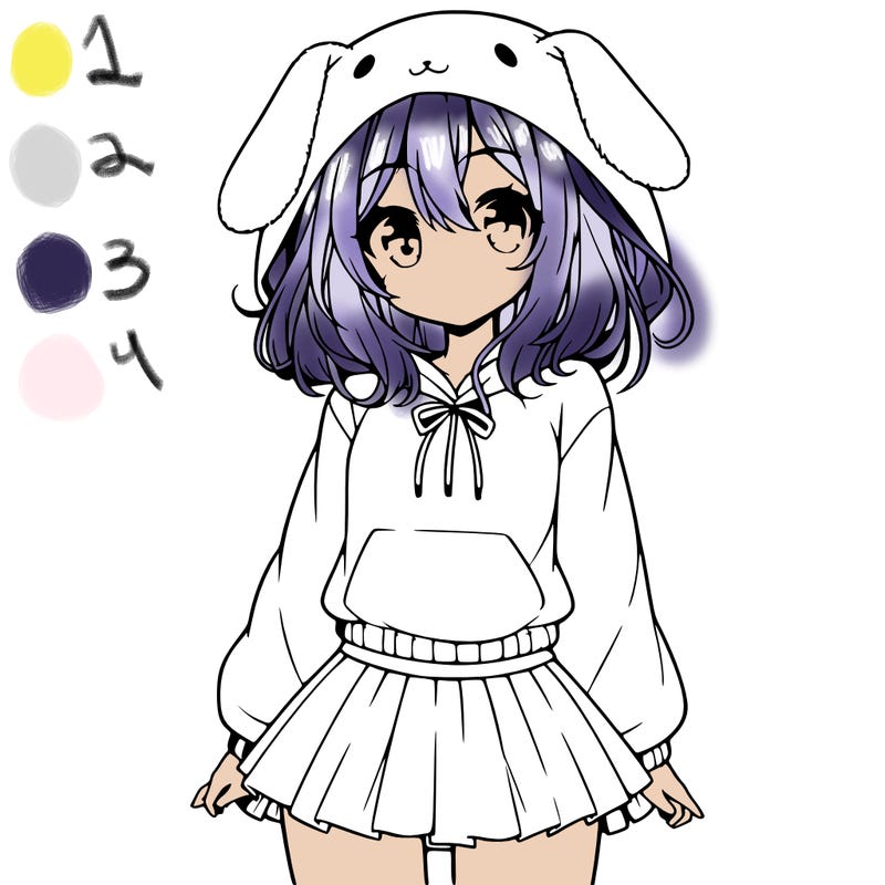 pretty anime girl wearing a fluffy hoodie with bunny ears on the hood and a skirt