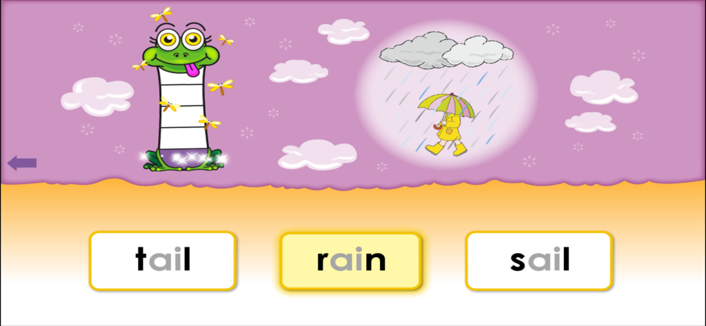 Reading Race 1d: ar, or and ai - A phonics learning game screen where a child matches a picture of rain to the word rain among other choices.