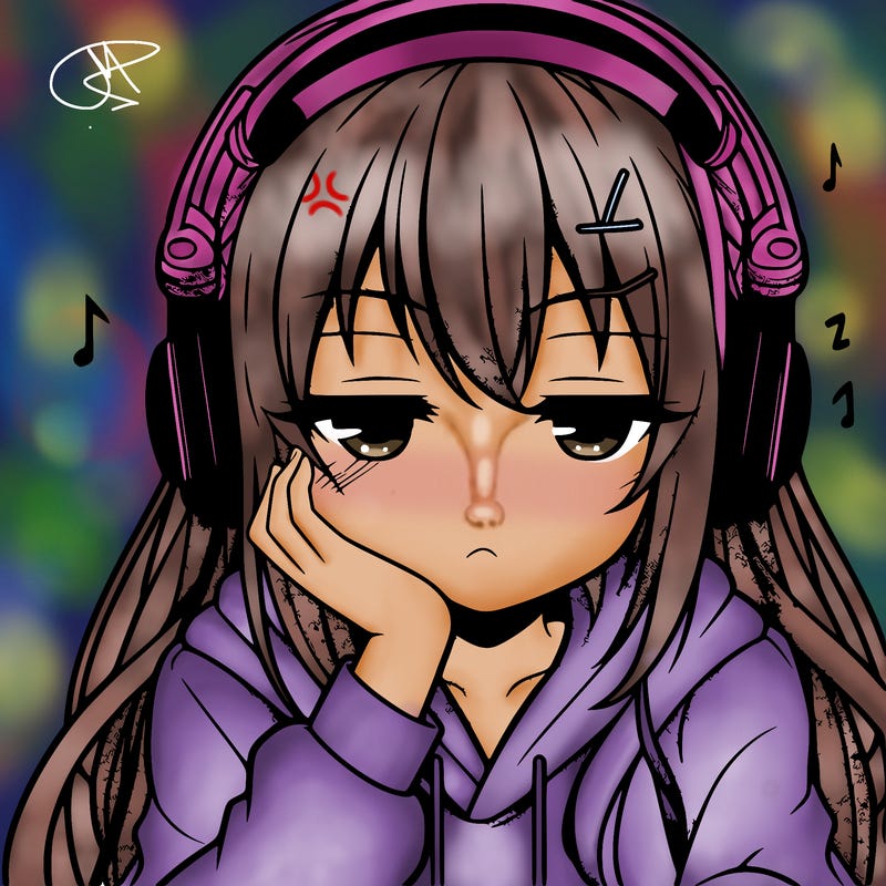 tired anime girl with head phones