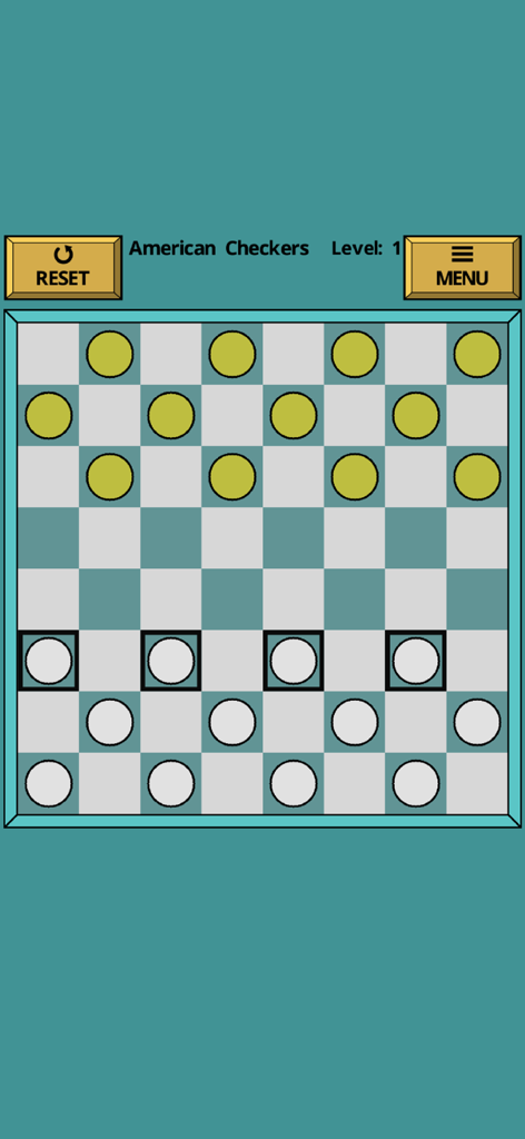 A game board of American Checkers showing yellow and white pieces at level one