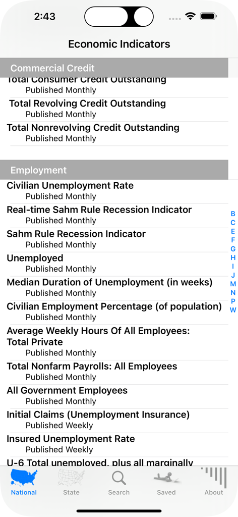 Schermata che mostra un elenco di indicatori economici USA, inclusi dati sull'occupazione e sul credito commerciale.