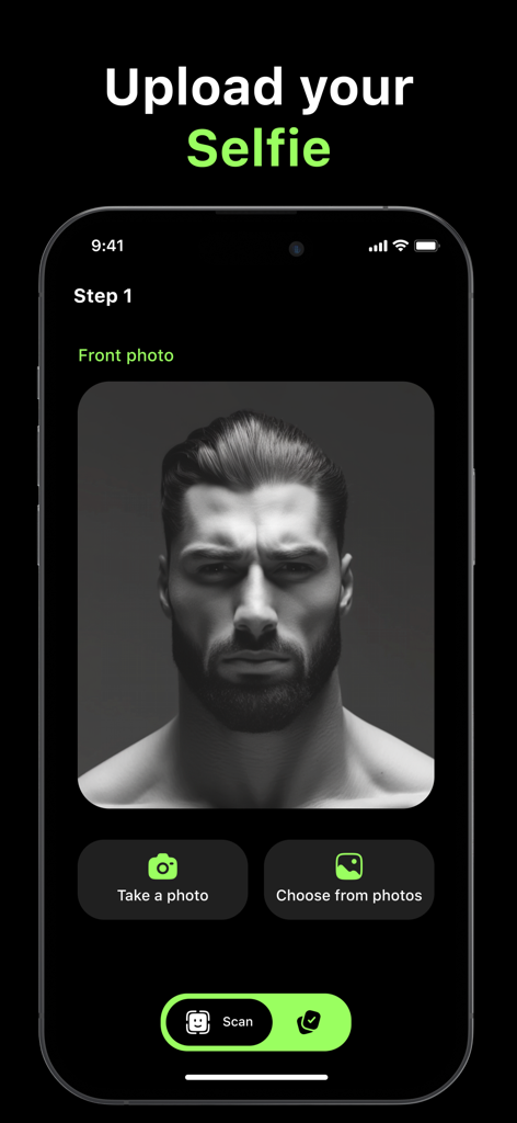 Looks Max AI 앱의 스크린샷으로, 얼굴 분석을 위해 셀카를 업로드하는 첫 번째 단계를 보여줌