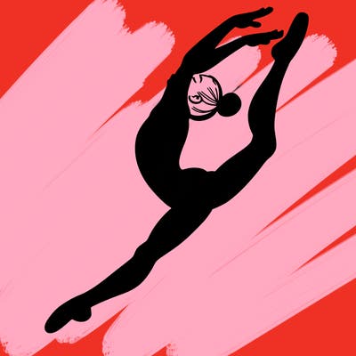 gymnast doing a leap in a leotard with a bent back leg