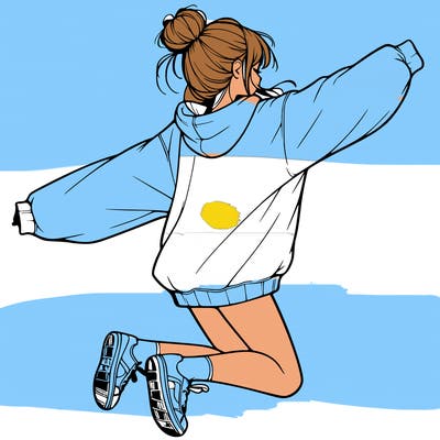realistic girl jumping with a bun and oversized sweatshirt