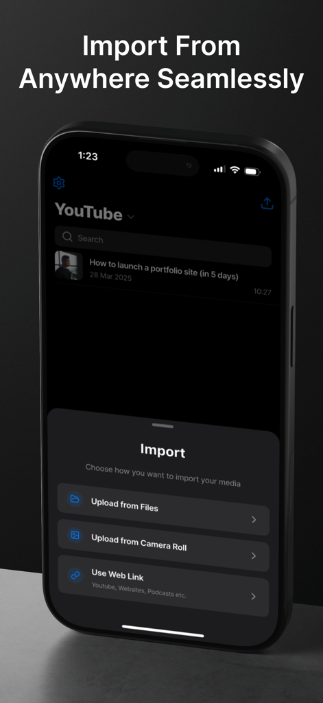 ScreenApp Meeting Minutes AI - Mobile screen of ScreenApp showing import options including upload from files camera roll and web links for AI transcription