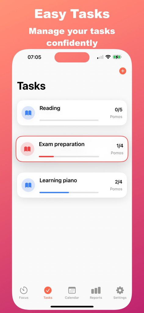 Pomodoro Focus Timer & Clock - 勉強や読書などのさまざまなアクティビティのポモドーロ進捗状況を示すタスク管理画面