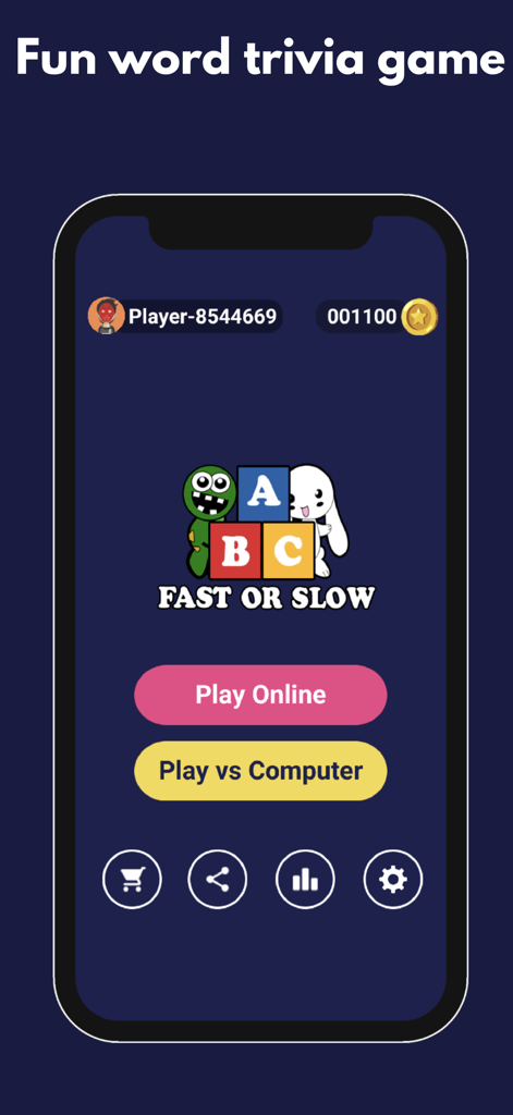 ABC Fast Or Slow - The main menu of ABC Fast Or Slow mobile game with options to play online or against the computer.