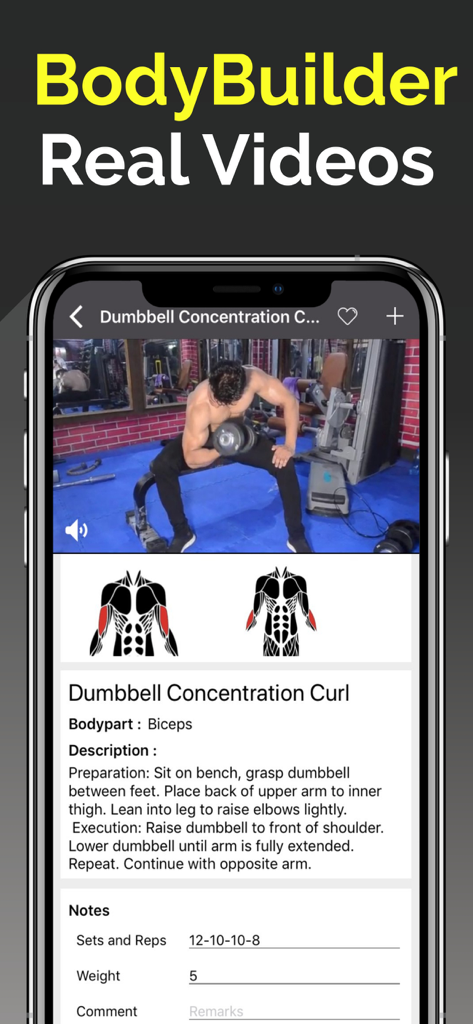 A mobile app interface displaying a video tutorial and tracking details for a dumbbell concentration curl exercise.