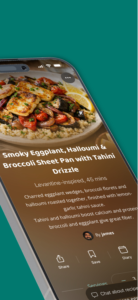 nom - eat better - Nom app interface showing a healthy smoky eggplant and halloumi sheet pan recipe with dietary info and interactive cooking features