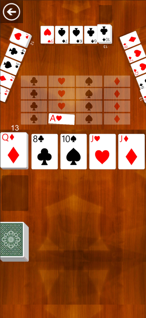 Gameplay of Nertz JD showing a fast paced four player solitaire card game on a wooden table interface.