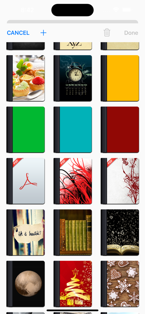 A collection of customizable book covers and document icons within the Books Pro app library.