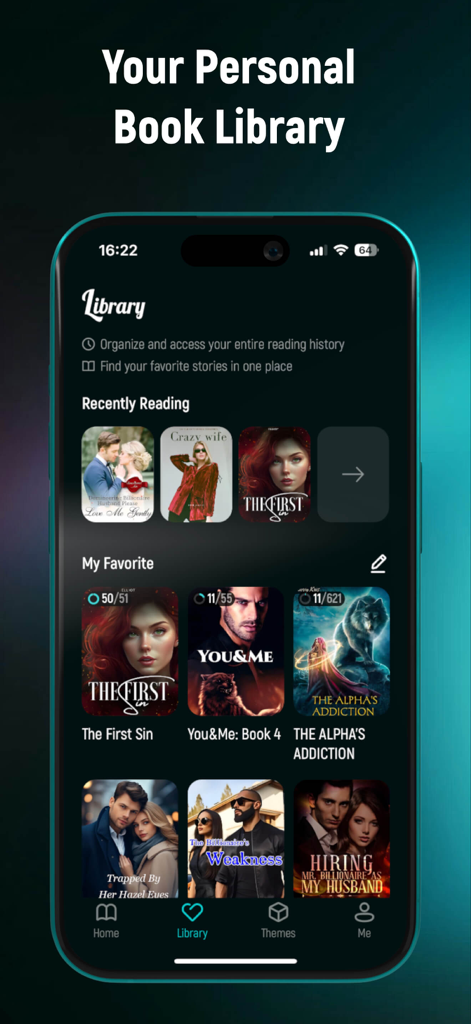 LunaLit-Novel Oasis - Tela do aplicativo móvel LunaLit mostrando uma biblioteca digital pessoal com capas de livros de romance e fantasia.