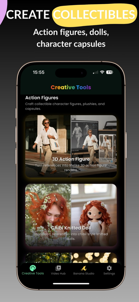 Banana Studio: AI Photo Edit - Una interfaz de aplicación móvil que muestra herramientas creativas de IA para transformar fotos en figuras de acción 3D y muñecos de punto.