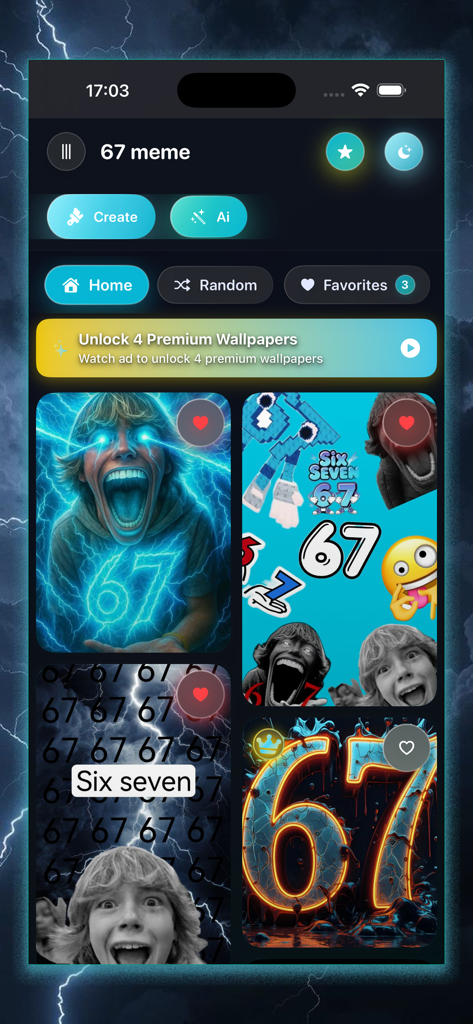 67 meme Wallpaper - The home screen interface of the 67 meme Wallpaper app featuring a collection of expressive and humorous meme-style backgrounds.