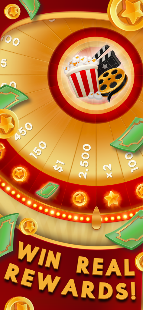 Lights, Camera, Blast! - A prize wheel from the mobile game Lights Camera Blast with the text Win Real Rewards and various prize values.