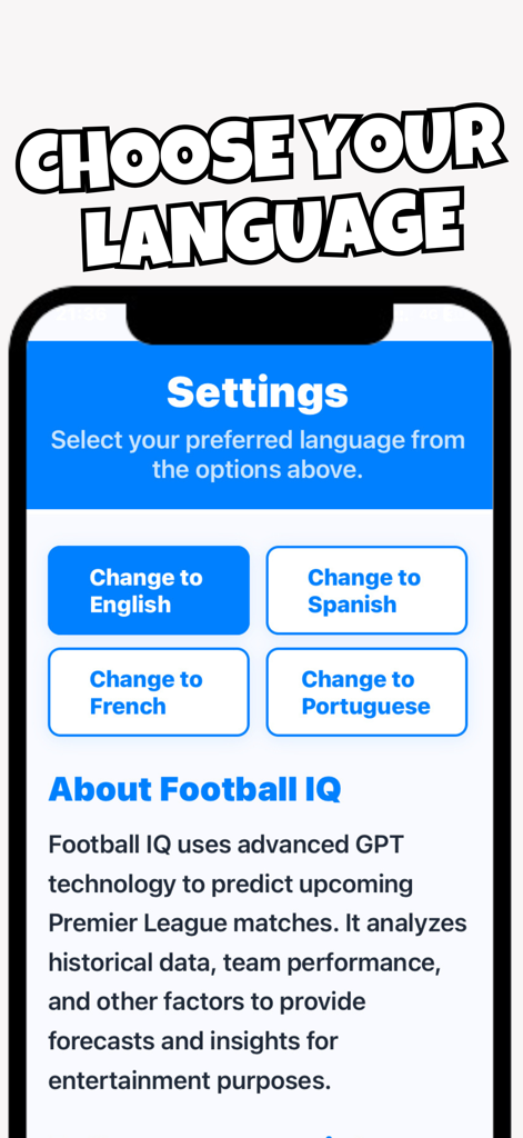 AI Soccer Insights Football IQ - Language selection screen in the AI Soccer Insights Football IQ app showing options for English Spanish French and Portuguese