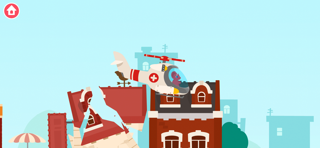 A dinosaur piloting a rescue helicopter over damaged city buildings.
