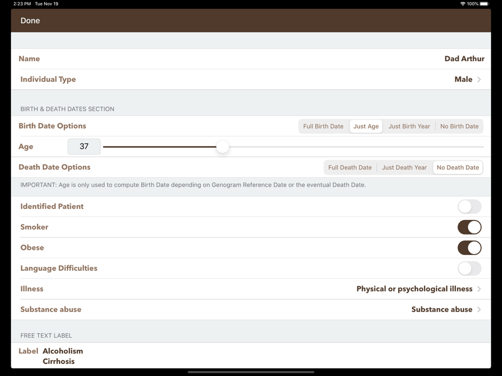 iGenogram에서 건강 요인 및 나이를 포함한 개인의 임상 세부 정보를 편집하는 인터페이스