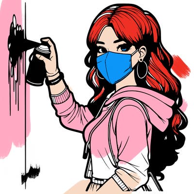 realistic girl with mask spray painting a wall