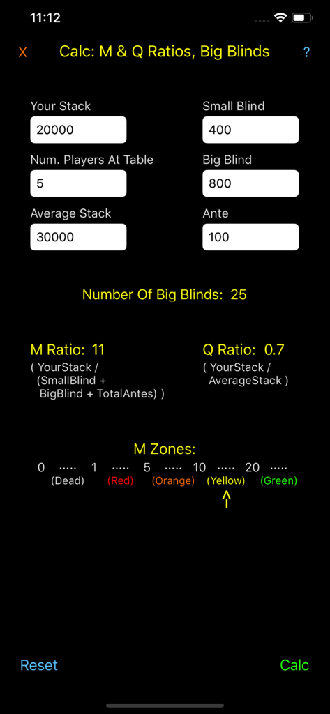 Tournament Cruncher (ICM) - Tournament Cruncher app showing M and Q ratios calculator screen