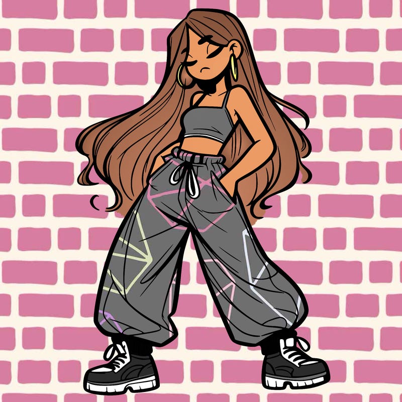 girl in baggy pants crop top and long hair