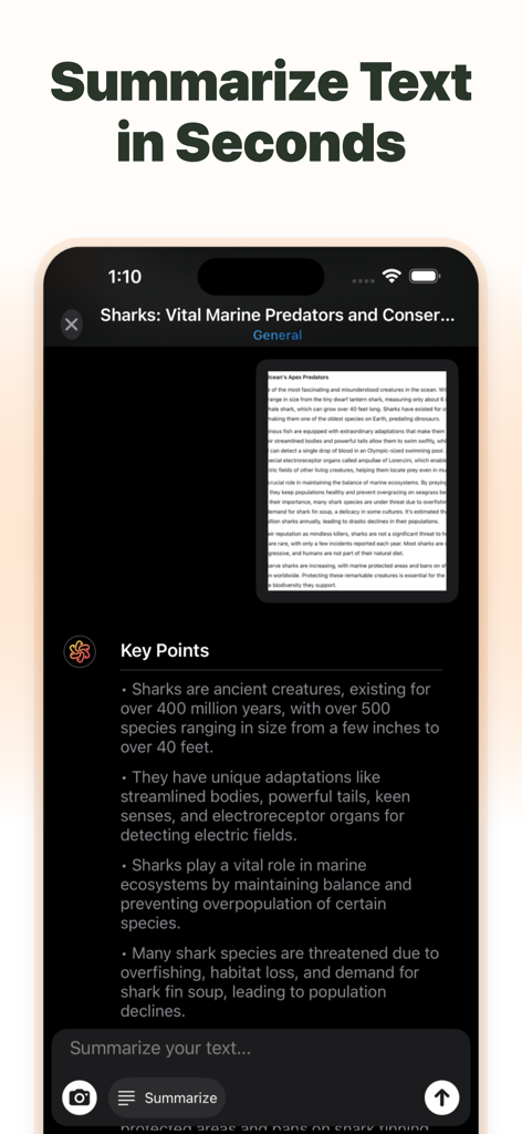 SolveThis AIアプリ。海洋捕食者に関する要点のテキスト要約を表示。