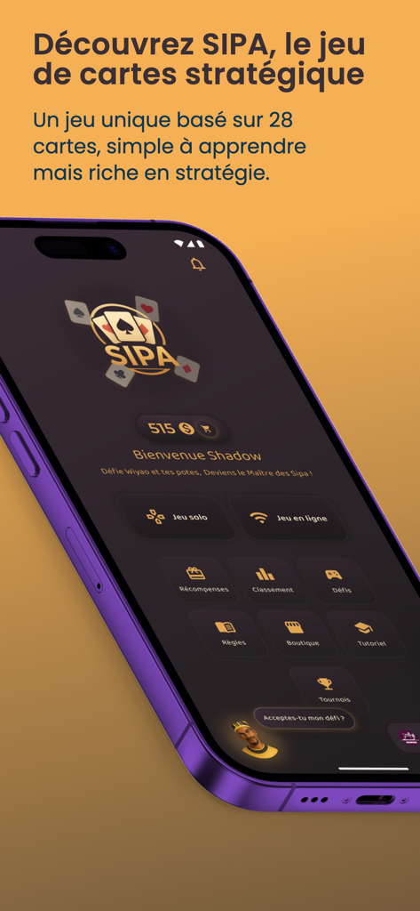 Sipa, jeu de cartes - Main menu interface of the Sipa West African strategy card game on a smartphone