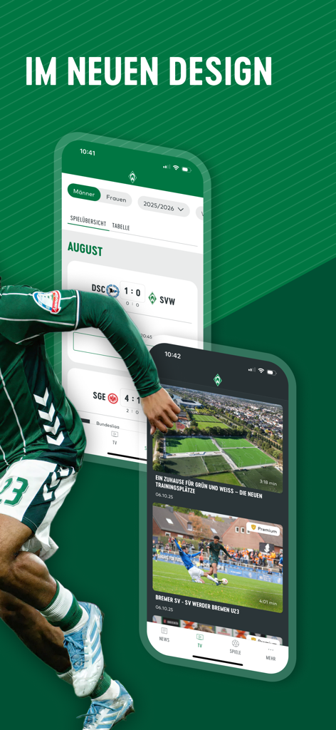 SV Werder Bremen - Interfaccia dell'app ufficiale SV Werder Bremen che mostra punteggi di partite e contenuti video su schermi mobili