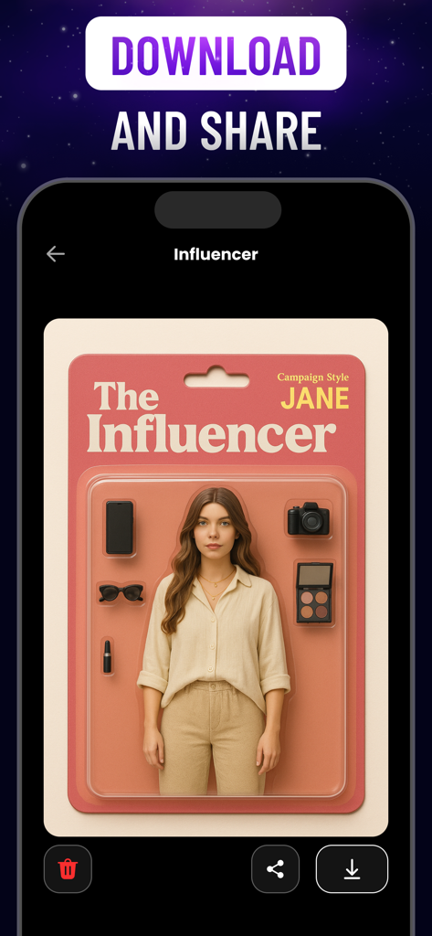 AI-generated influencer action figure in a collectible toy box packaging with accessories