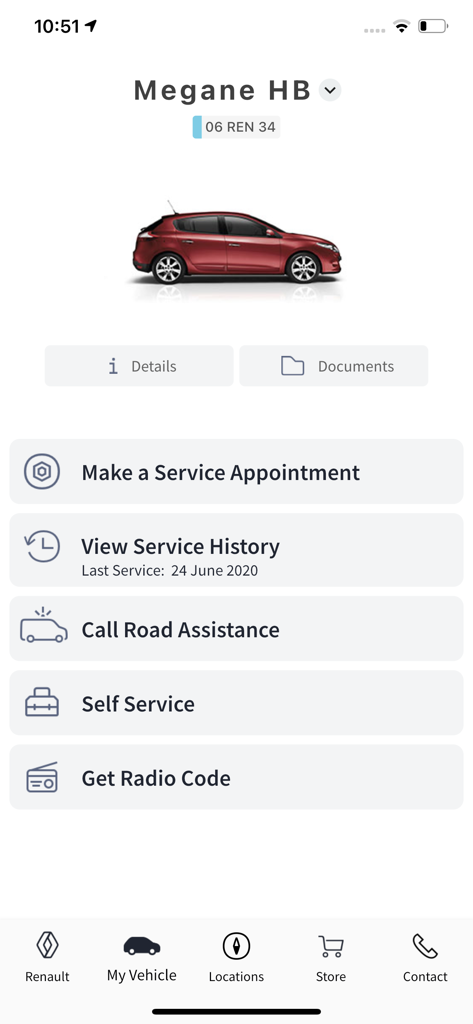 Renault PORT app dashboard for Megane HB with service and road assistance options