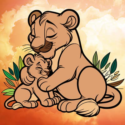 lioness cuddling her cub