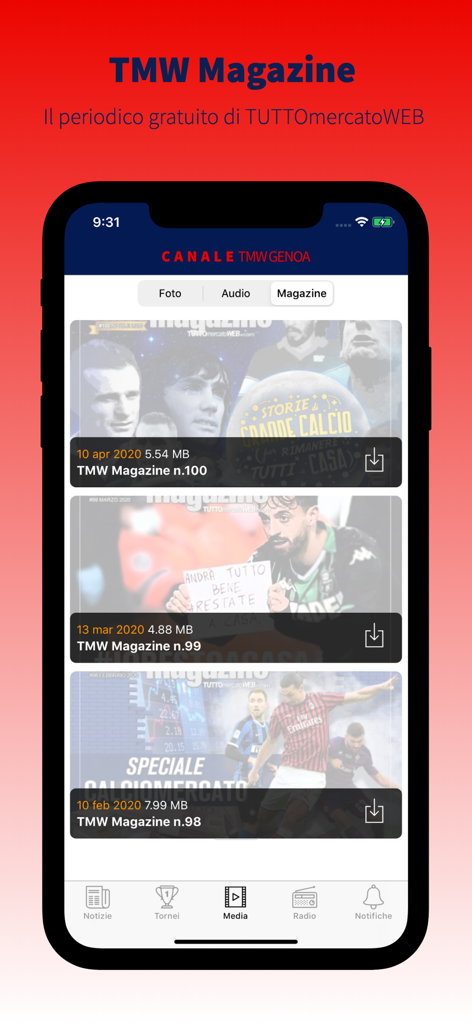 Canale TMW Genoa - Mobile app interface of Canale TMW Genoa displaying TMW Magazine issues for download
