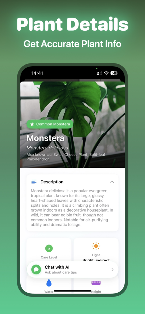 Leafify: Plant Identifier - A screenshot of the Leafify app displaying detailed identification info and care instructions for a Monstera plant