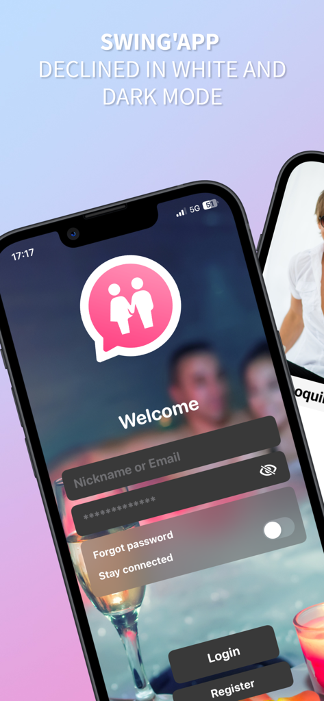 Swing App login interface in dark mode showing email and password fields for the couples network