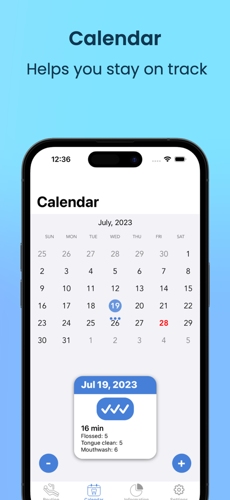 Brushout - Brushout app dental hygiene calendar showing daily brushing and flossing progress.