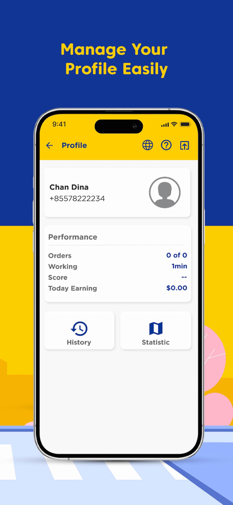 Wingmall Rider - Wingmall Rider app profile screen showing delivery stats and daily earnings
