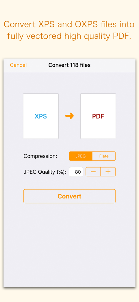 XPS-to-PDF - XPS-to-PDF アプリの画面。複数のファイルの一括変換設定が表示されており、JPEG または Flate 圧縮と品質管理のオプションがあります。
