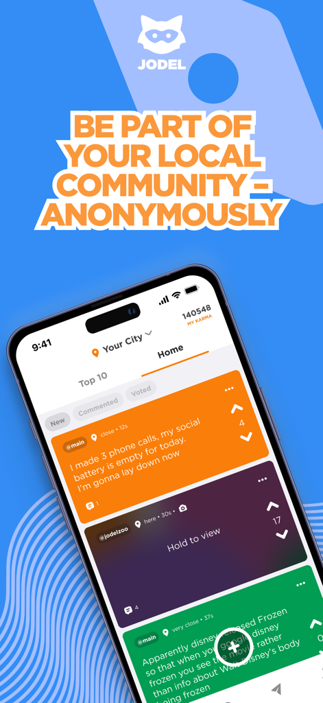 Smartphone displaying the Jodel app interface with anonymous local community posts and karma score.