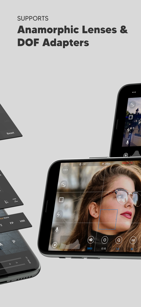 Beastcam - Pro Camera - Beastcam app screen highlighting support for anamorphic lenses and DOF adapters with manual camera controls
