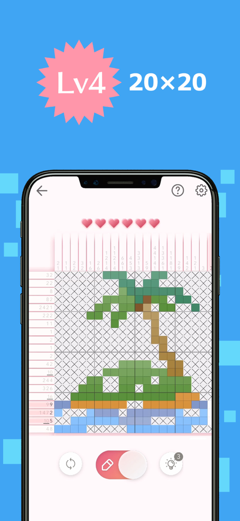 Logic Art Nonogramm-Gameplay, das ein Level-4-Rätselgitter zeigt, das eine Pixelart-Palm tree bildet.