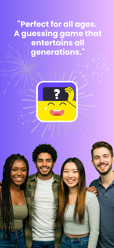 Guess It: Charades & Guessing - Group of diverse smiling friends with the Guess It charades app icon and text highlighting it is perfect for all generations