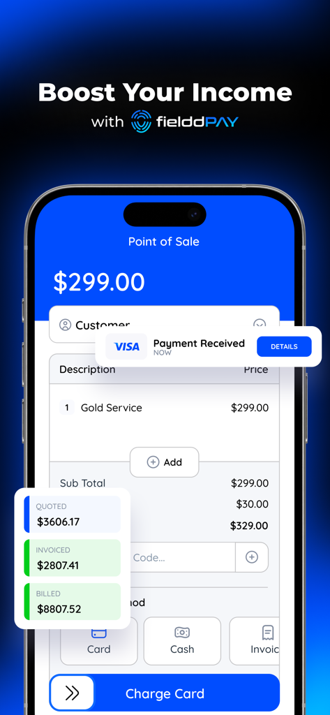 fieldd - Uno smartphone che mostra l'interfaccia del punto vendita dell'app Fieldd con una conferma di pagamento e un riepilogo delle entrate