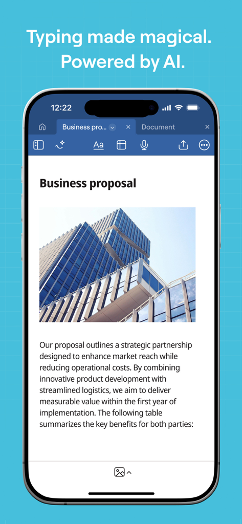 Goodnotes app on an iPhone showing a business proposal document with AI powered typing features