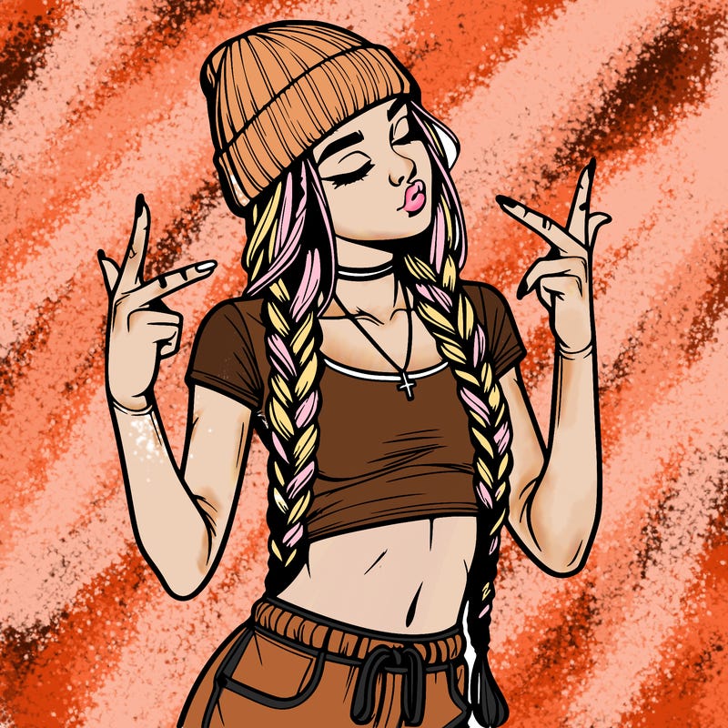 realistic teenage girl with braids and a beanie and crop top doing 🫶🏼