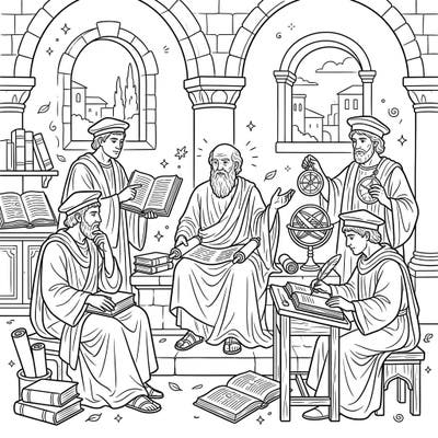 Immerse yourself in the world of Renaissance thought with this detailed coloring page featuring influential philosophers. Bring to life a scene of intellectual debate, study, and discovery, perfect for history enthusiasts and art lovers.