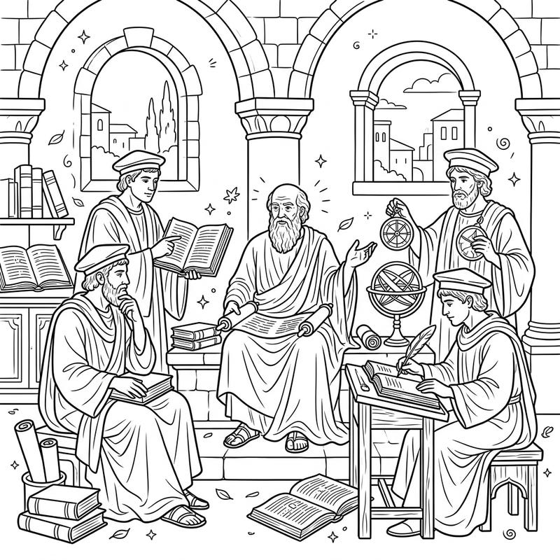 Immerse yourself in the world of Renaissance thought with this detailed coloring page featuring influential philosophers. Bring to life a scene of intellectual debate, study, and discovery, perfect for history enthusiasts and art lovers.