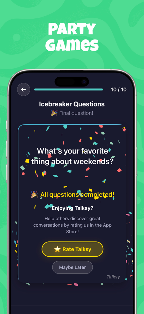 Questions for Friends: Talksy - Interfaz de la aplicación Talksy mostrando un conjunto completo de preguntas para romper el hielo para amigos