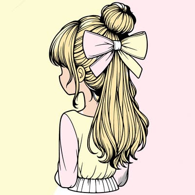 realistic girl  with hip length hair a bun and a big bow on the back of head