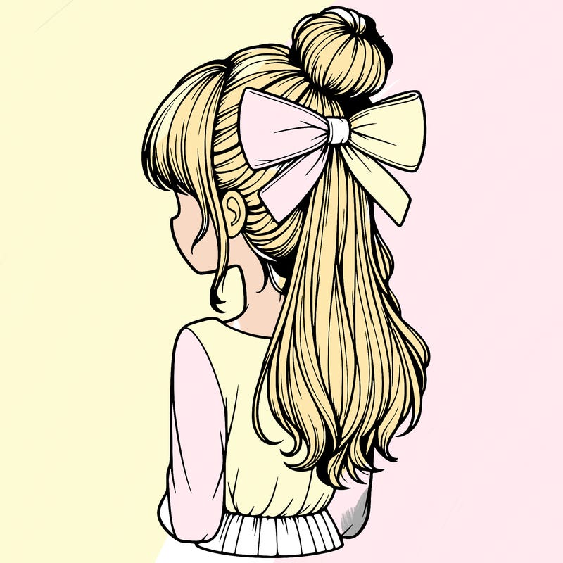 realistic girl  with hip length hair a bun and a big bow on the back of head